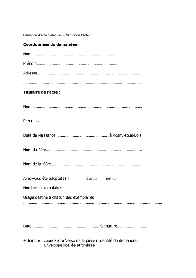 Demande D’acte D’état Civil - DOC, PDF - Page 1 Sur 1