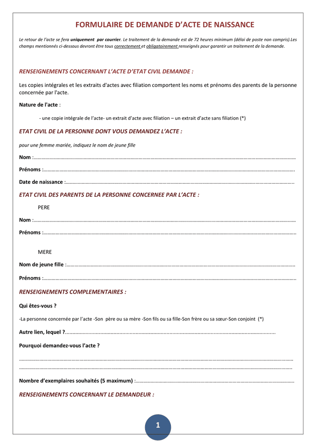 Formulaire de demande d’acte de naissance DOC, PDF page 1 sur 2