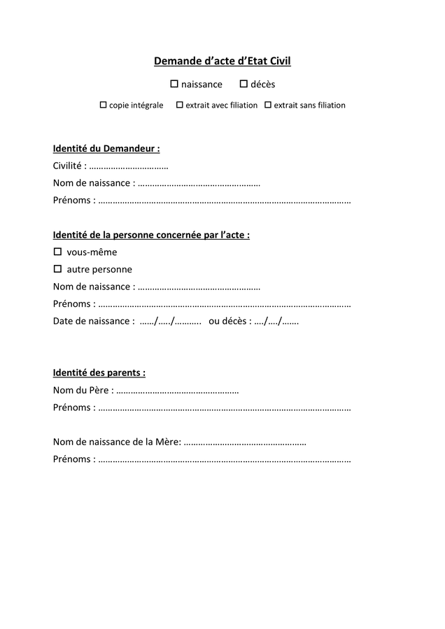 Demande D acte D etat Civil DOC PDF Page 1 Sur 1