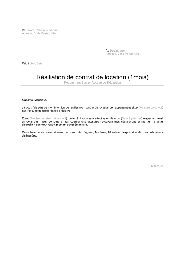 Lettre Resiliation Contrat De Location