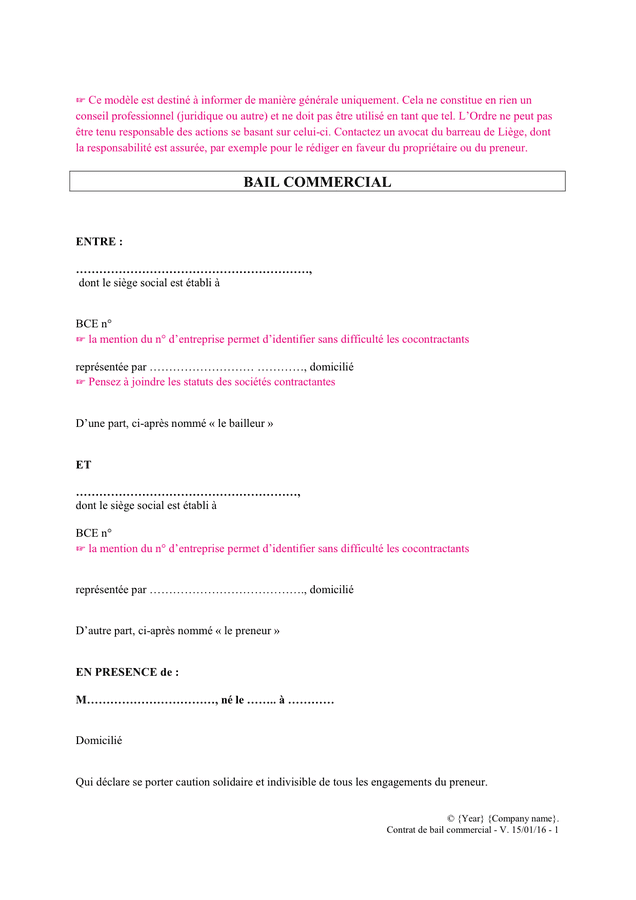 modelé de bail commercial belgique doc pdf page 1 sur 8