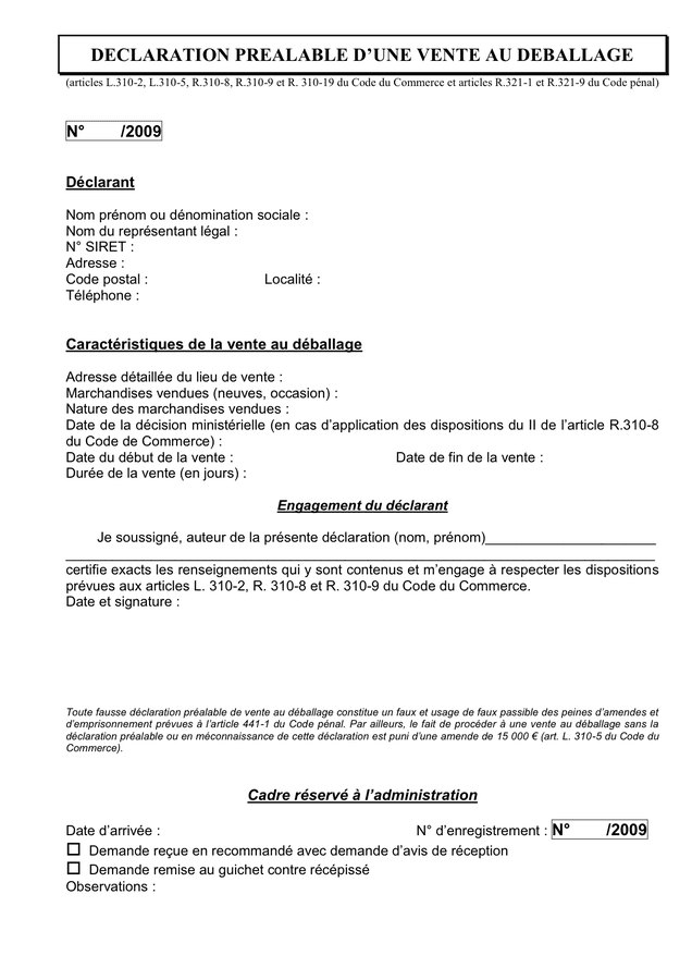 D Claration Pr Alable D Une Vente Au D Ballage Doc Pdf Page Sur