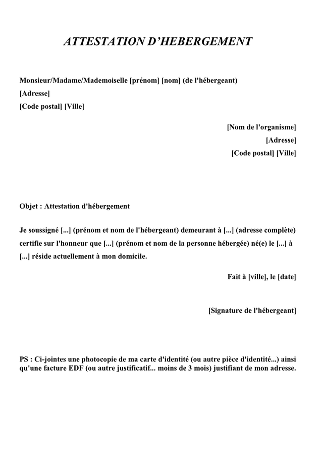 Attestation D H bergement Attestation D H bergement