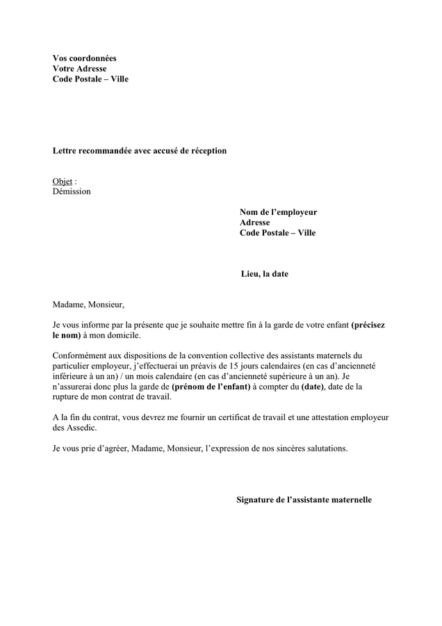 lettre de démission de lassistante maternelle doc pdf page 1 sur 1