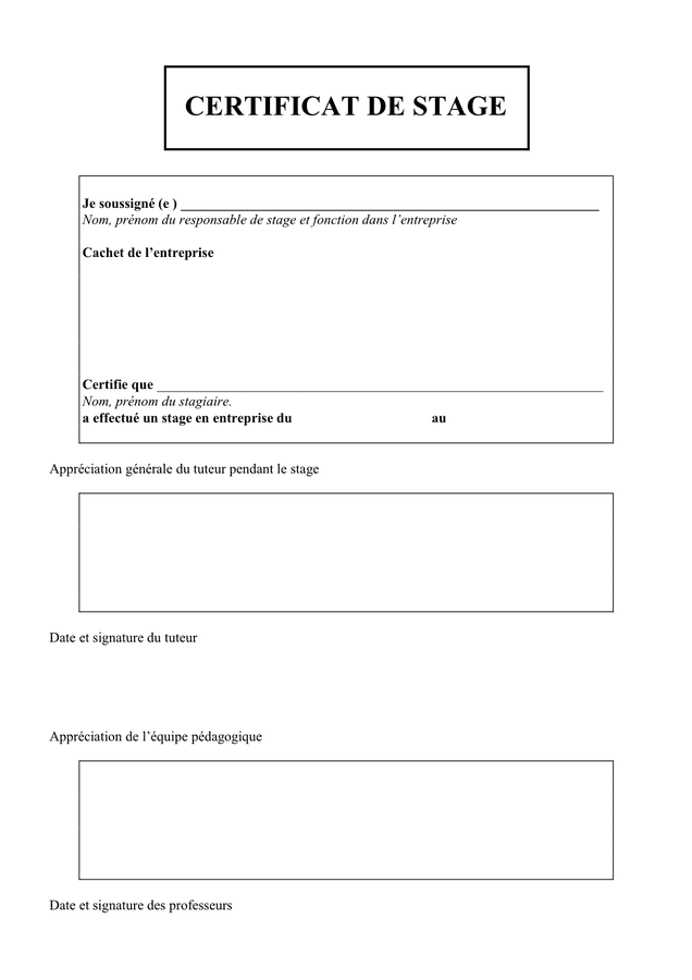 Modelé de certificat de stage DOC, PDF page 1 sur 1