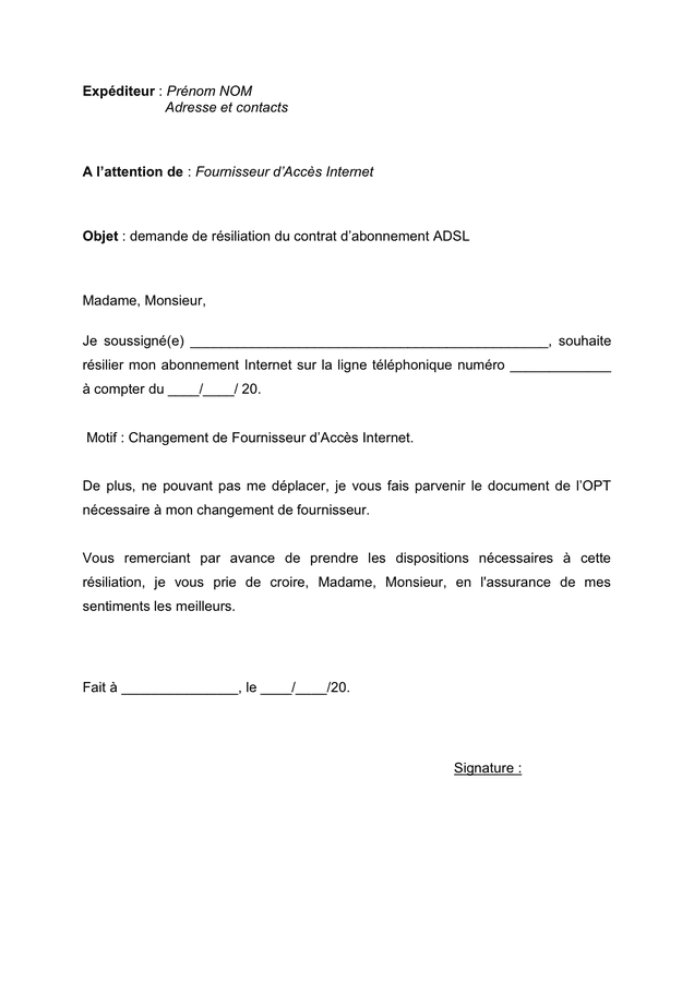 Demande de résiliation du contrat d’abonnement ADSL DOC, PDF page 1