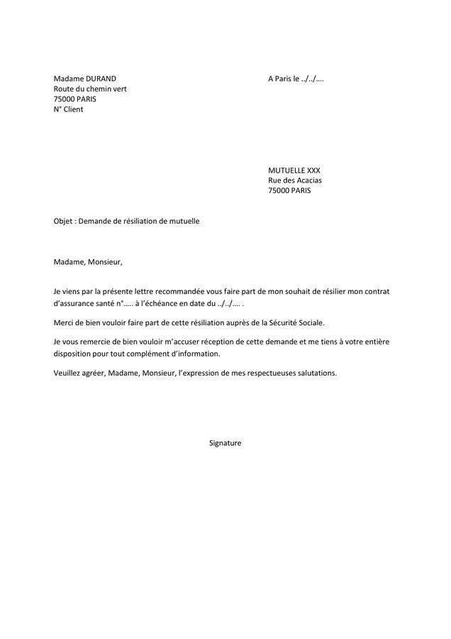 Lettre De Resiliation Mutuelle Sant CQJX