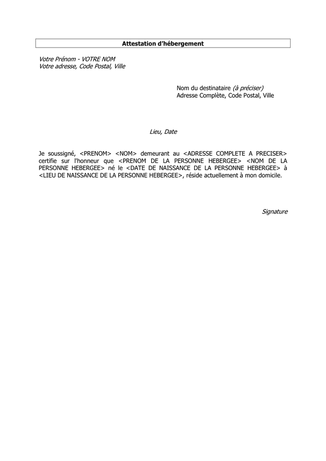 Mod le Attestation H bergement Pdf XRVN Mod le Attestation H bergement Pdf XRVN