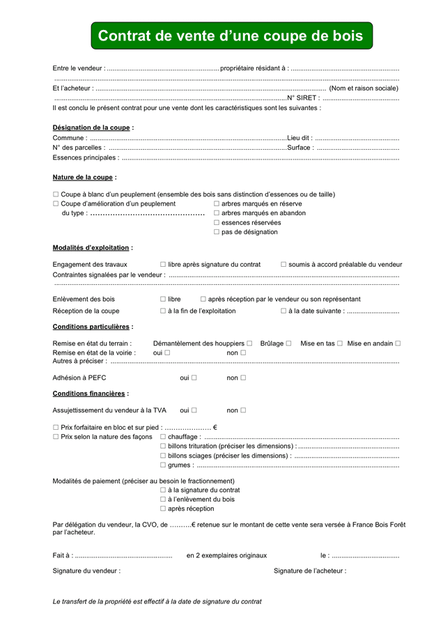Contrat de vente d’une coupe de bois - DOC, PDF - page 1 sur 1