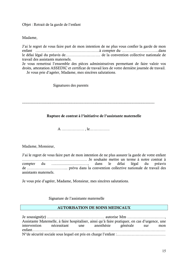 Modelé de contrat de travail entre les parents et l'assistante