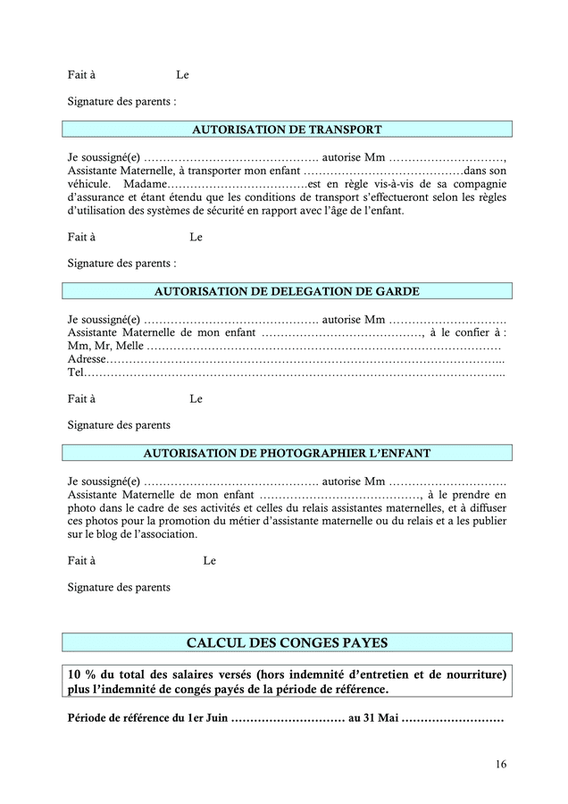 Modelé de contrat de travail entre les parents et l'assistante