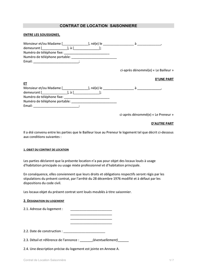 Exemple de contrat de location saisonnière DOC PDF page sur