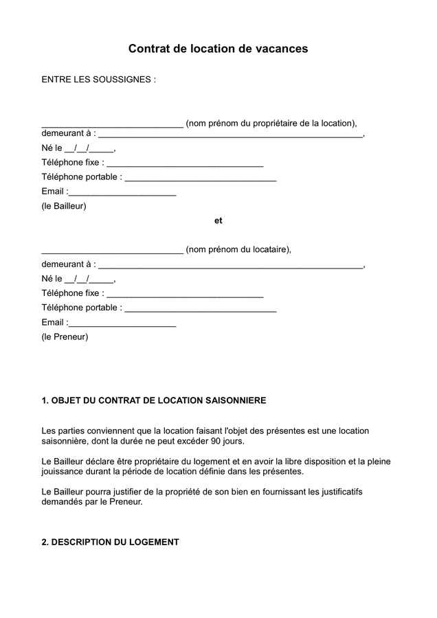 Contrat Location Saisonni re Modele ZNWC Contrat Location Saisonni re Modele ZNWC