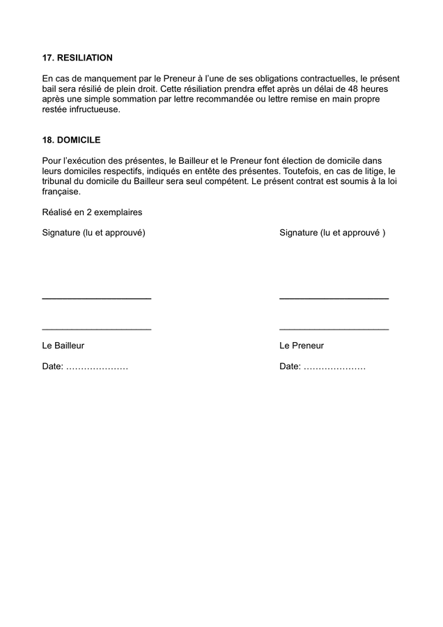 Modelé De Contrat De Location De Vacances - DOC, PDF - Page 6 Sur 6