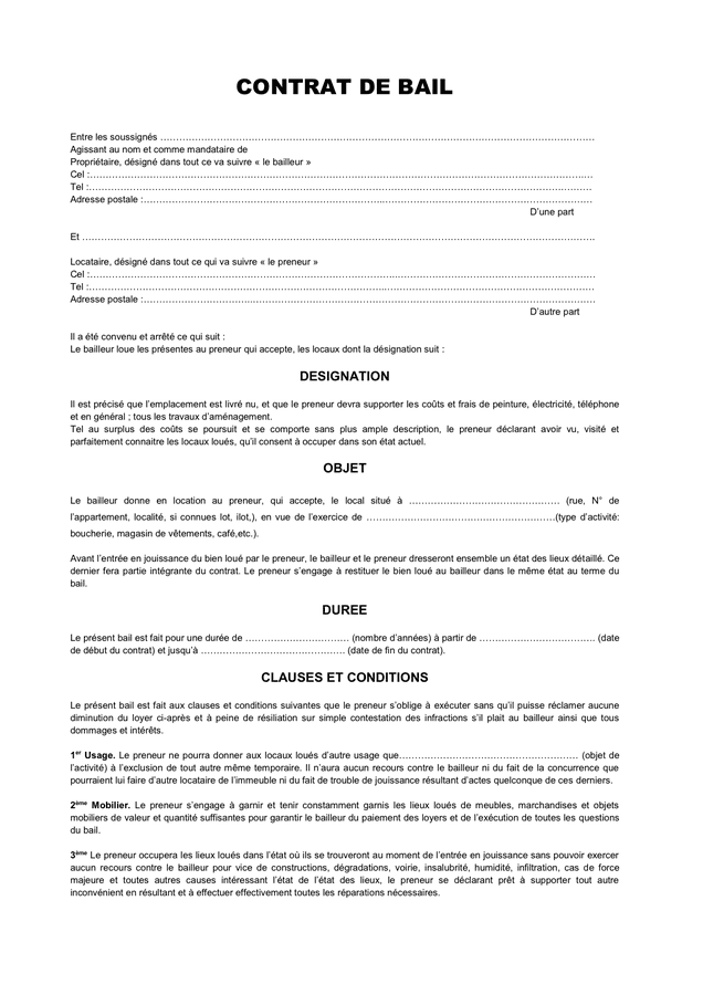 Model De Contrat De Bail DOC PDF Page 1 Sur 4