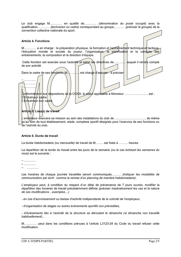 Contrat De Travail A Duree Indeterminee Deducateur Ou D Entraineur A Temps Partiel DOC PDF