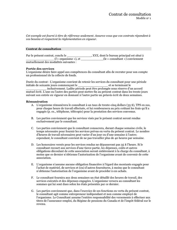 Modelé de contrat de consultation (Canada)  DOC, PDF  page 1 sur 2