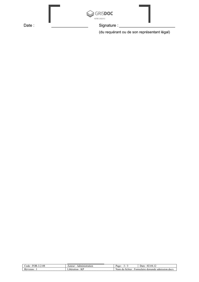 Formulaire de demande d'admission - DOC, PDF - page 3 sur 3