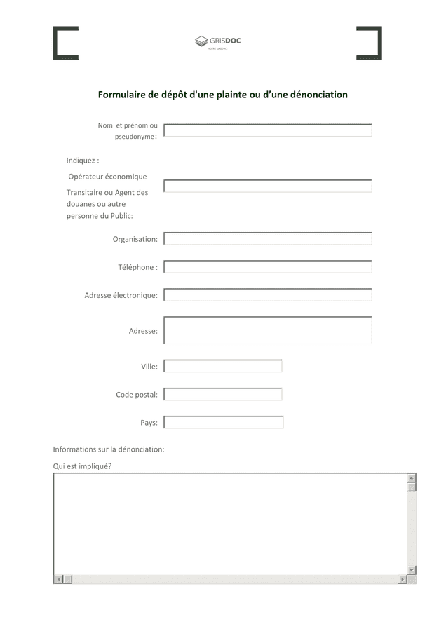 Formulaire de dépôt d'une plainte ou d’une dénonciation DOC, PDF