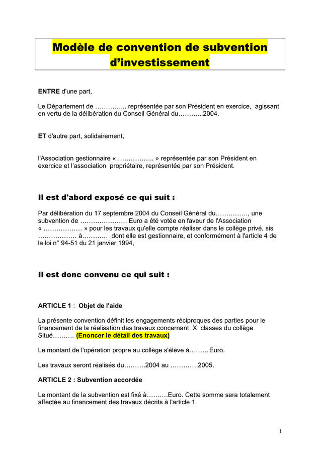 Modèle de convention de subvention d’investissement  DOC, PDF  page 1