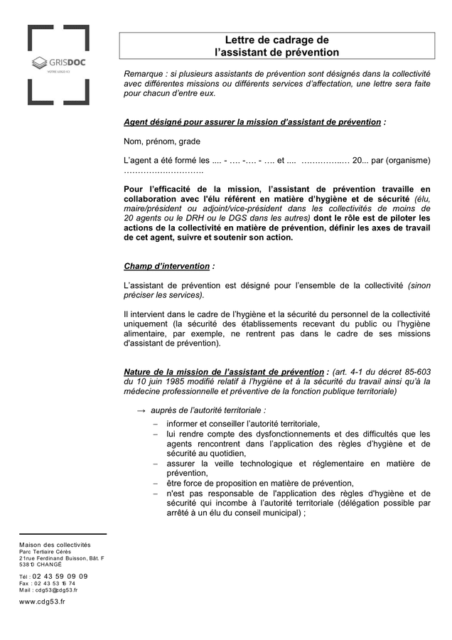 Lettre de cadrage de l’assistant de prévention - DOC, PDF - page 1 sur 3