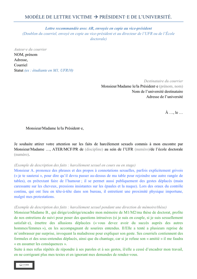 Modèle de lettre plainte pour harcèlement sexuel DOC, PDF page 1