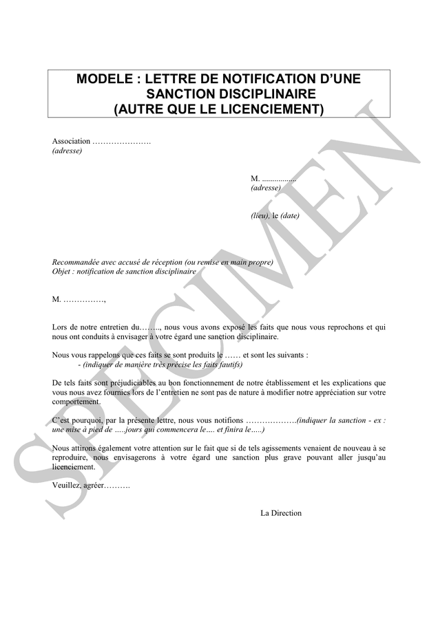 Model De Notification Dune Sanction Disciplinaire Doc Pdf Page  Hot