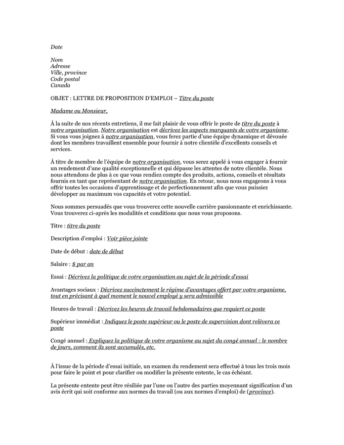 Lettre de proposition d’emploi  DOC, PDF  page 1 sur 2