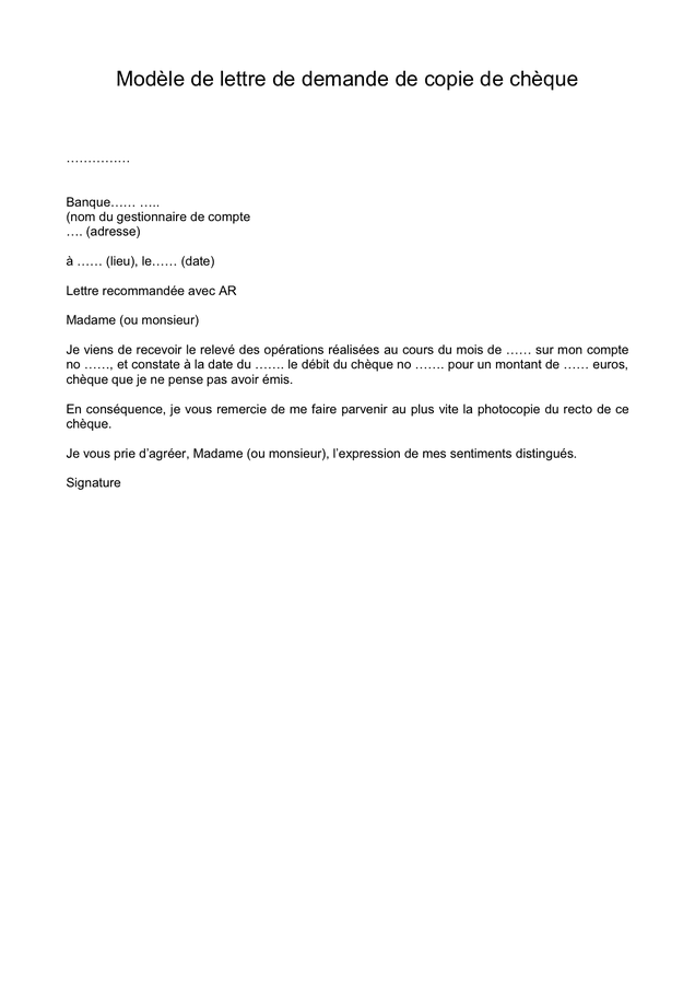 Modèle de lettre de demande de copie de chèque DOC, PDF page 1 sur 1