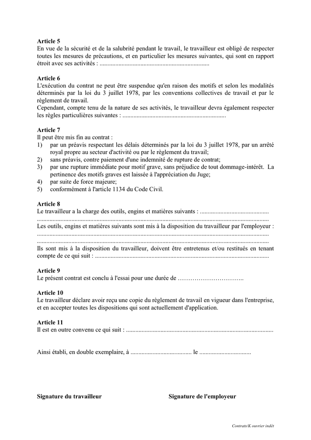 Contrat de travail d'ouvrier a duree indeterminee (Belgique) - DOC, PDF ...