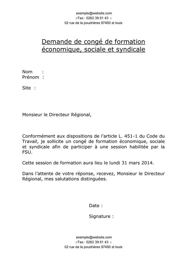 Modèle de lettre de demande de congé de formation syndicale DOC, PDF