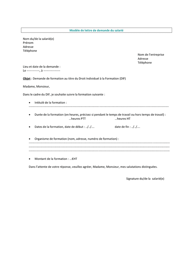 Modèle de lettre de demande du salarié  DOC, PDF  page 1 sur 1