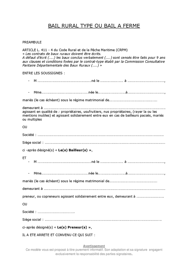 Mod le De Bail Rural Type Ou Bail Ferme DOC PDF Page 1 Sur 12