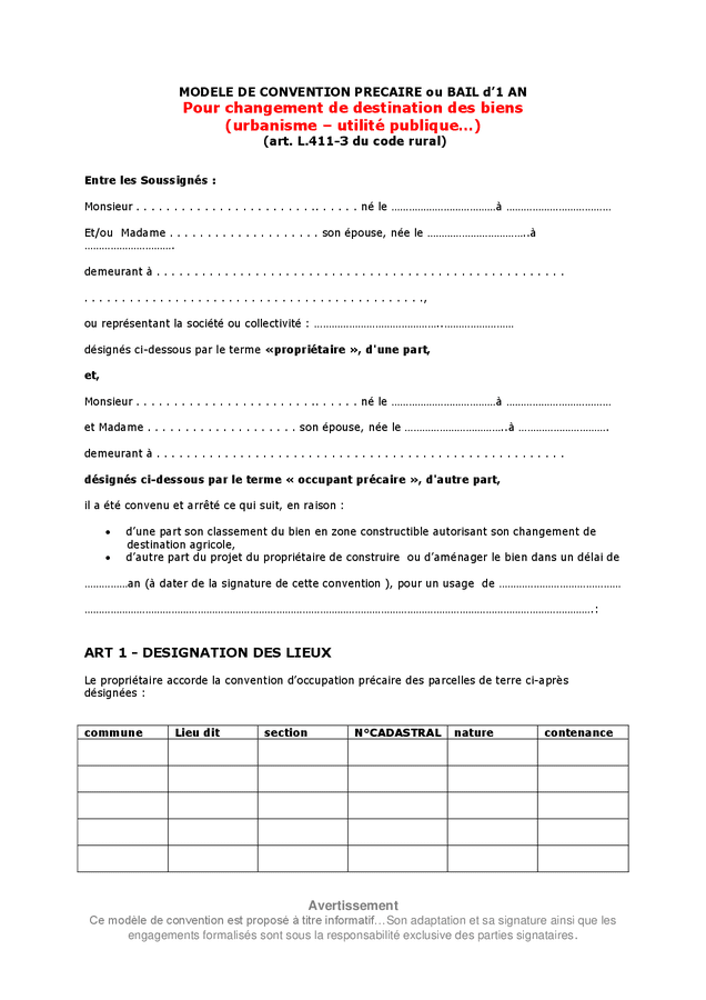 Modele De Convention Precaire Ou Bail D An Doc Pdf Page Sur