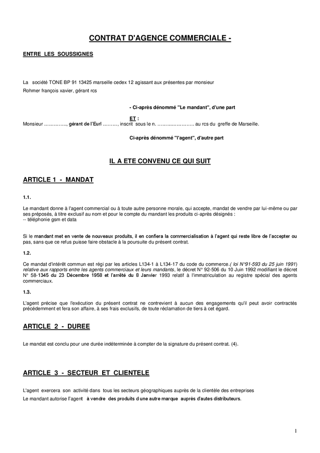 Modèle De Contrat Dagence Commerciale Doc Pdf Page 1 Sur 5