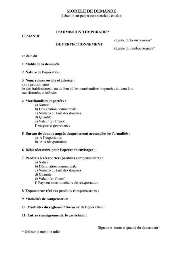 Modele de demande - admission temporaire, perfectionnement - DOC, PDF ...