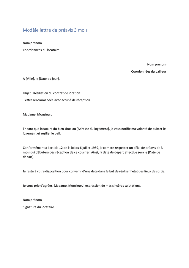 Mod le Lettre De Pr avis 3 Mois DOC PDF Page 1 Sur 2