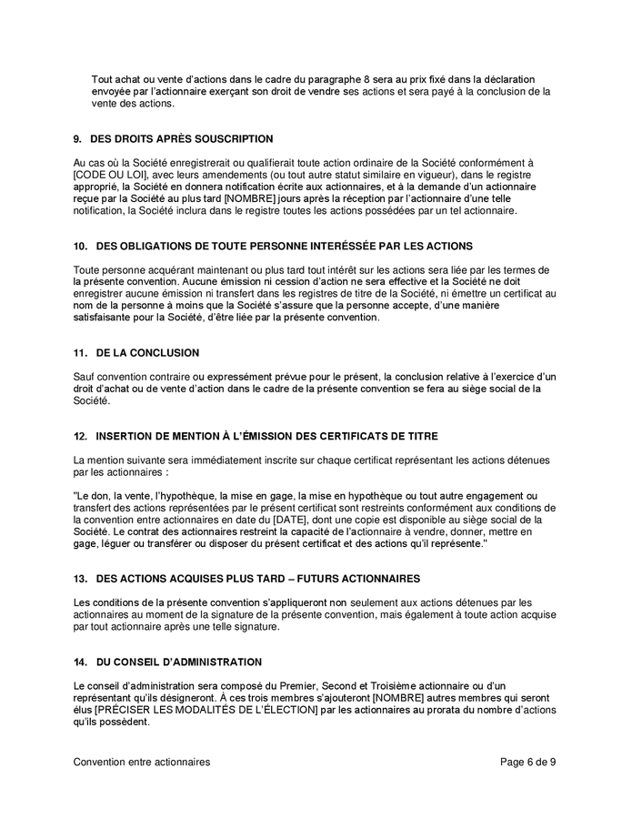 Modèle d'accord entre actionnaires DOC, PDF page 6 sur 9