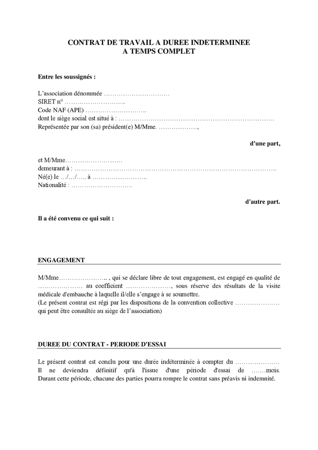 Modele De Contrat De Travail Dur E Ind Termin E Temps Complet Doc