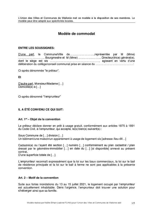 Modèle de commodat (Belgique) DOC, PDF page 1 sur 5