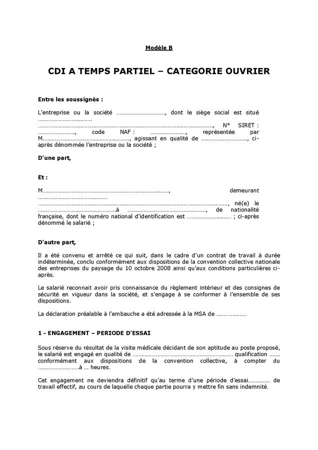 CDI à Temps Partiel - L'entreprise Du Paysage - DOC, PDF - Page 1 Sur 8