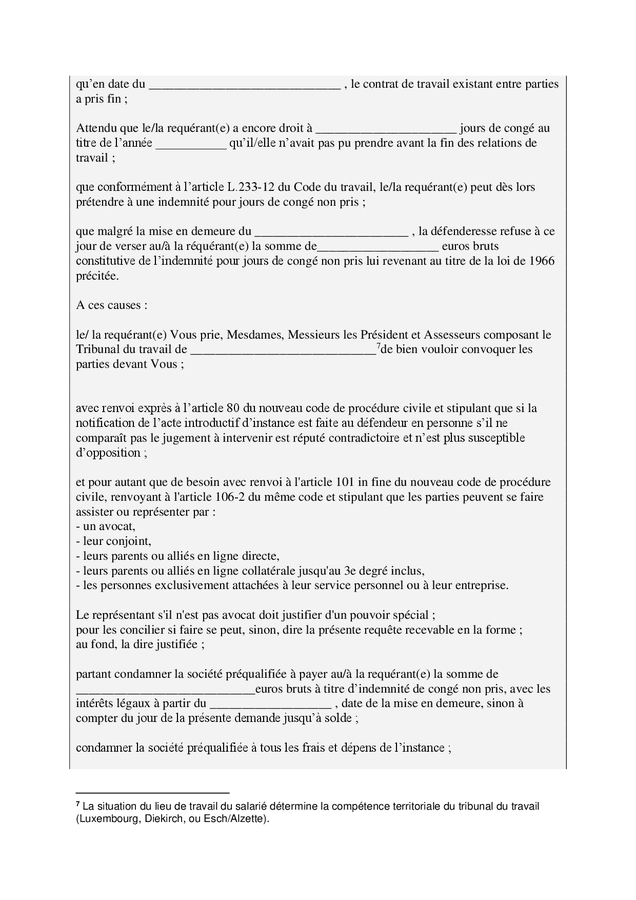 Mod le de requ te en paiement d une indemnit pour cong s non pris