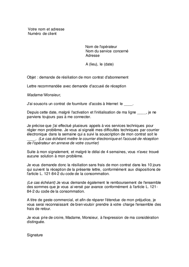 résiliation contrat internet free