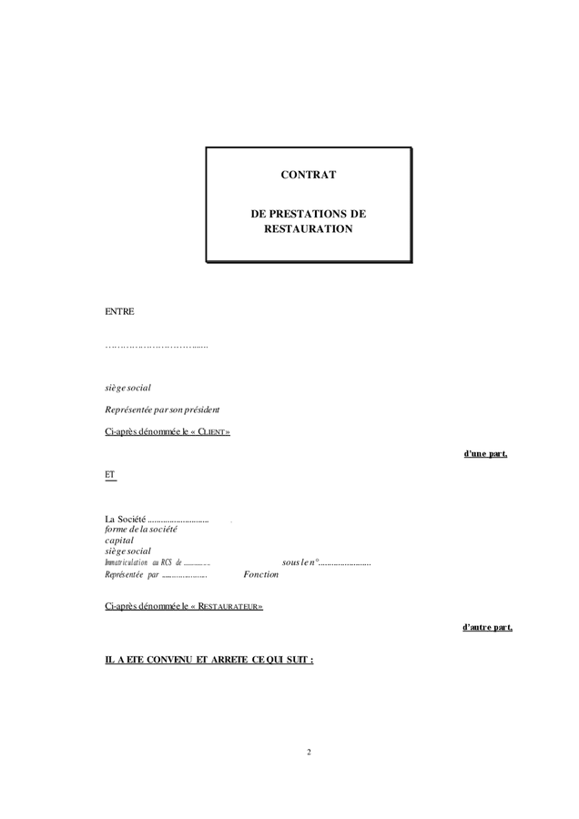 Modele De Contrat De Prestations De Restauration Doc Pdf Page Sur