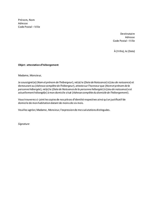 Attestation D h bergement Mod le De Lettre Type DOC PDF Page 1 Sur 1