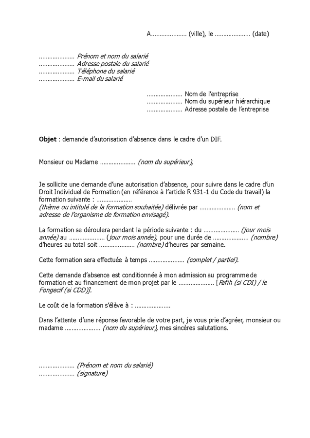 Demande D Autorisation D Absence Dans Le Cadre D Un Dif Doc Pdf Page Sur