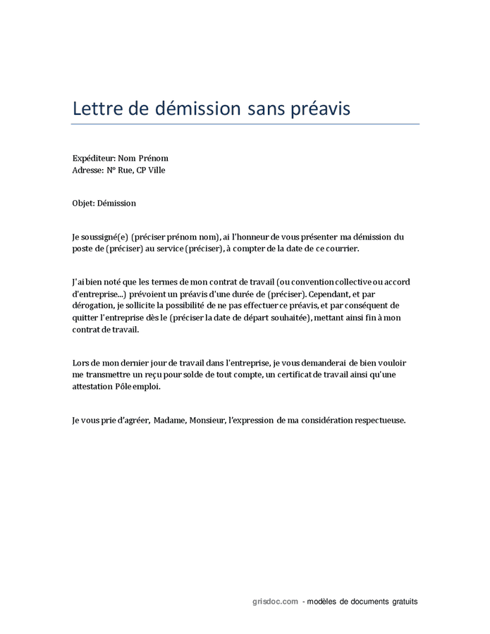 Lettre de démission avec préavis - DOC, PDF - page 2 sur 2