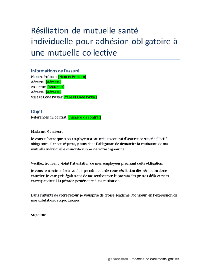 Lettre de résiliation mutuelle individuelle pour mutuelle entreprise