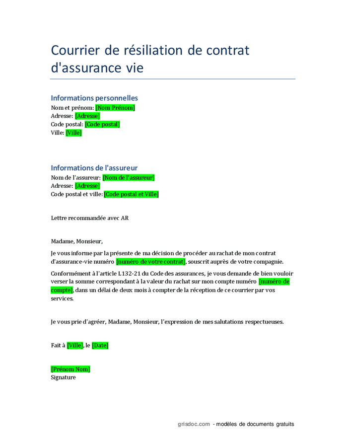 Courrier De R Siliation De Contrat D Assurance Vie Doc Pdf Page Sur