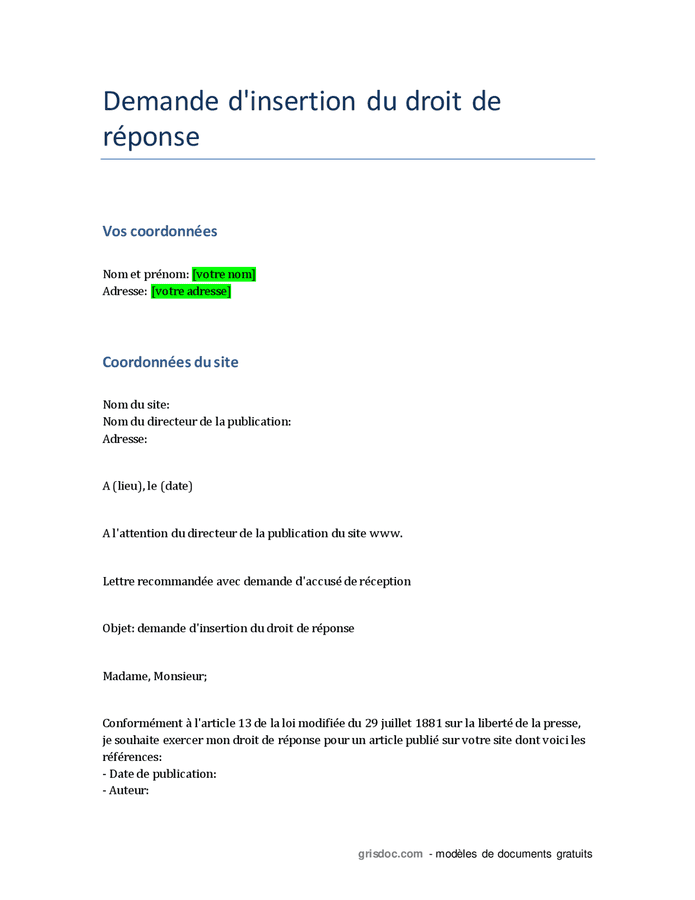 Demande d'insertion du droit de réponse - DOC, PDF - page 1 sur 2